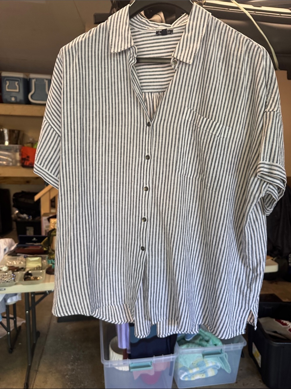 Splendid Men's White and Navy Striped Casual Button-Down Shirt